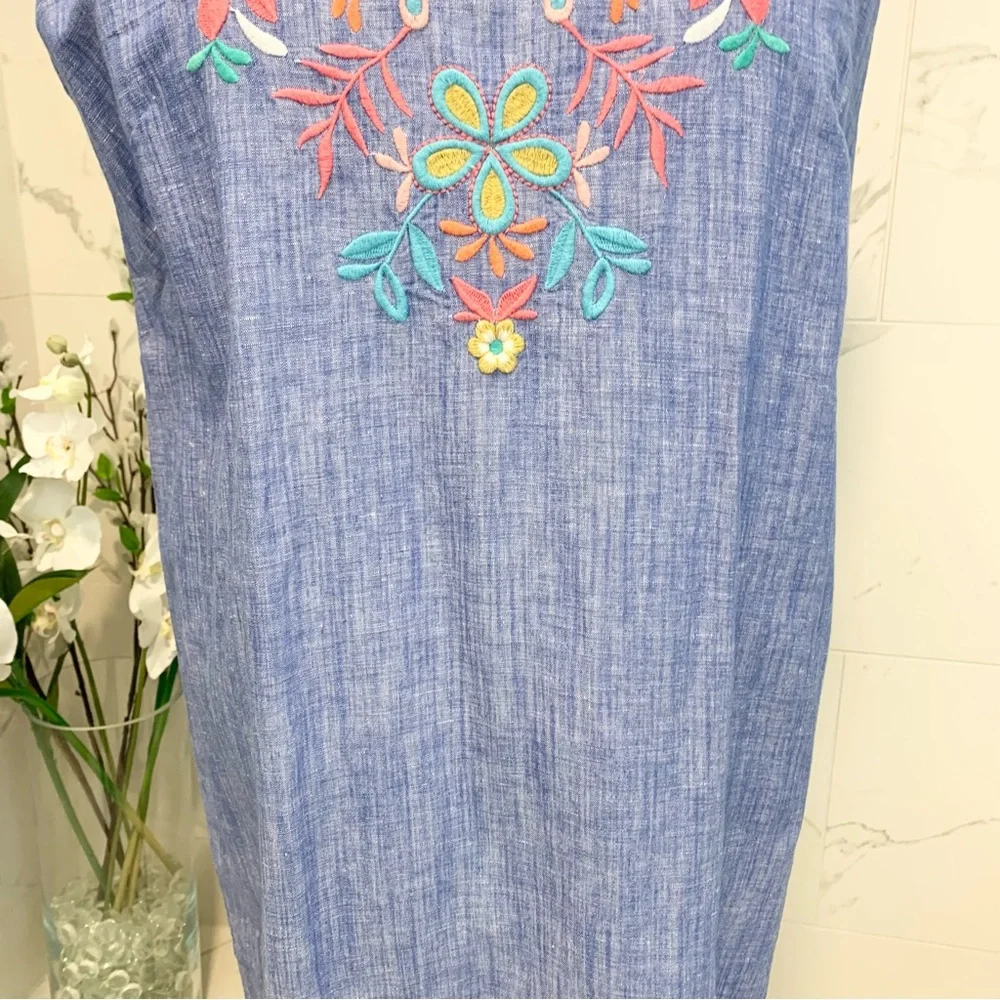 Talbots Dress Linen Blue Embroidered 16 - Picture 7 of 15